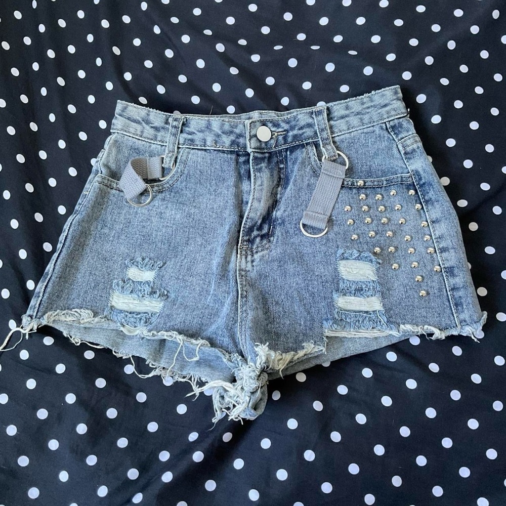 Denim Distressed Studded Women's Shorts - Light Blue